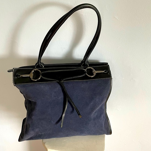 Franklin Covey Blue Suede Leather Shoulder Equestrian Bag Purse - Picture 2 of 13